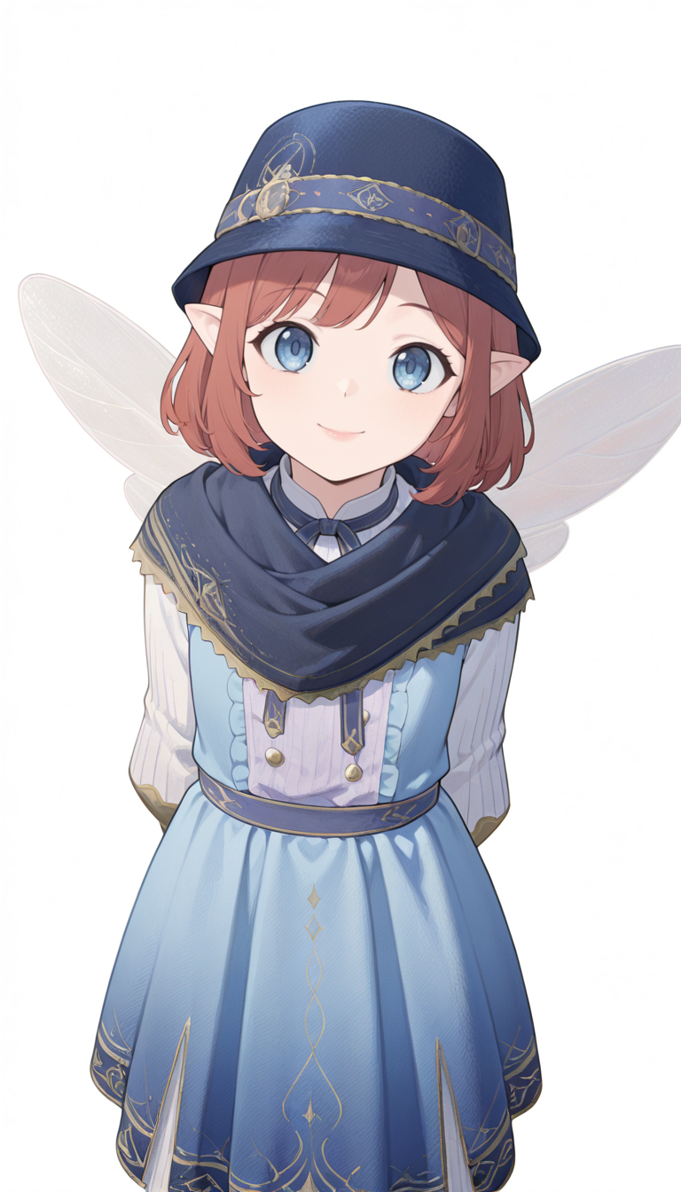 2811530919-726756206-1girl, solo, blue eyes, red hair, brown hair, medium hair, pointy ears, lips, flat chest, smile, closed mouth, hat, blue headwea.png
